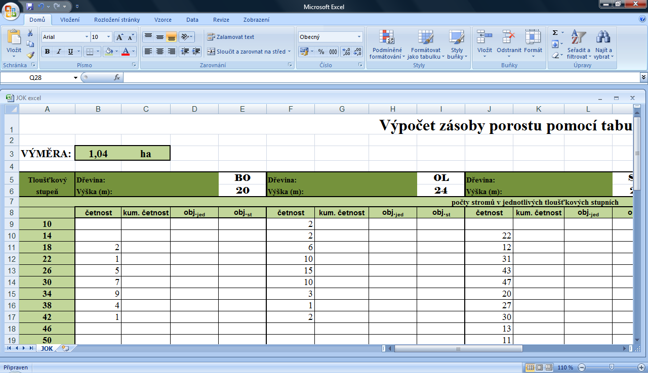 Protokol č. 7 Jednotné objemové křivky Zadání: Pro zadané dřeviny stanovte zásobu pomocí JOK tabulek.