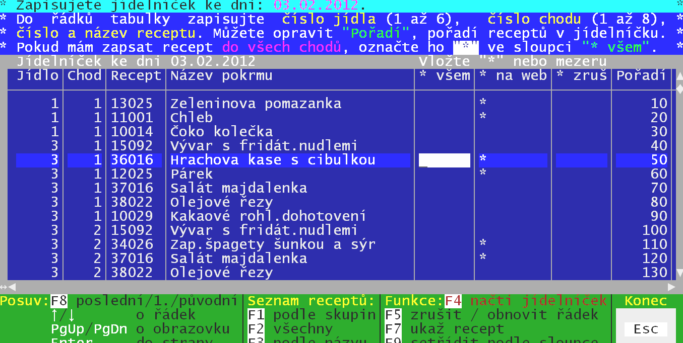 jídelníčky - číslování chodů Při zápisu jídelníčku máte nyní možnost vynechat některé číslo chodu. Například standardně vaříte 5 chodů oběda: 1.= hlavní jídlo / 2. = dietní / 3. = bezmasé / 4.