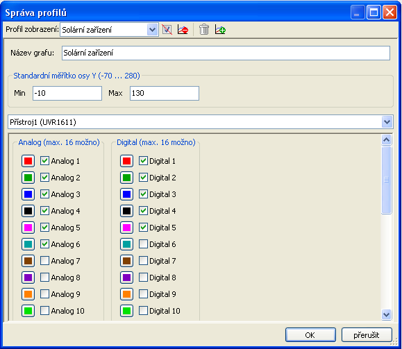 Správa profilů Pomocí bodu v menu Správa profilů jsou vybrány hodnoty a barvy grafů.