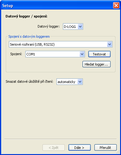 Setup dialog V menu Soubor \ Setup si vyberete datový logger, rozhraní, nastavíte konfiguraci loggeru a zadáte jméno přístroje a nahraných hodnot.