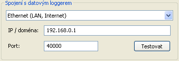 2 Výběr spojení s datovým loggerem Datový konvertor D-LOGG Protože konvertor D-LOGG nemá rozhraní Ethernet, je povoleno pouze sériové rozhraní COM portu.