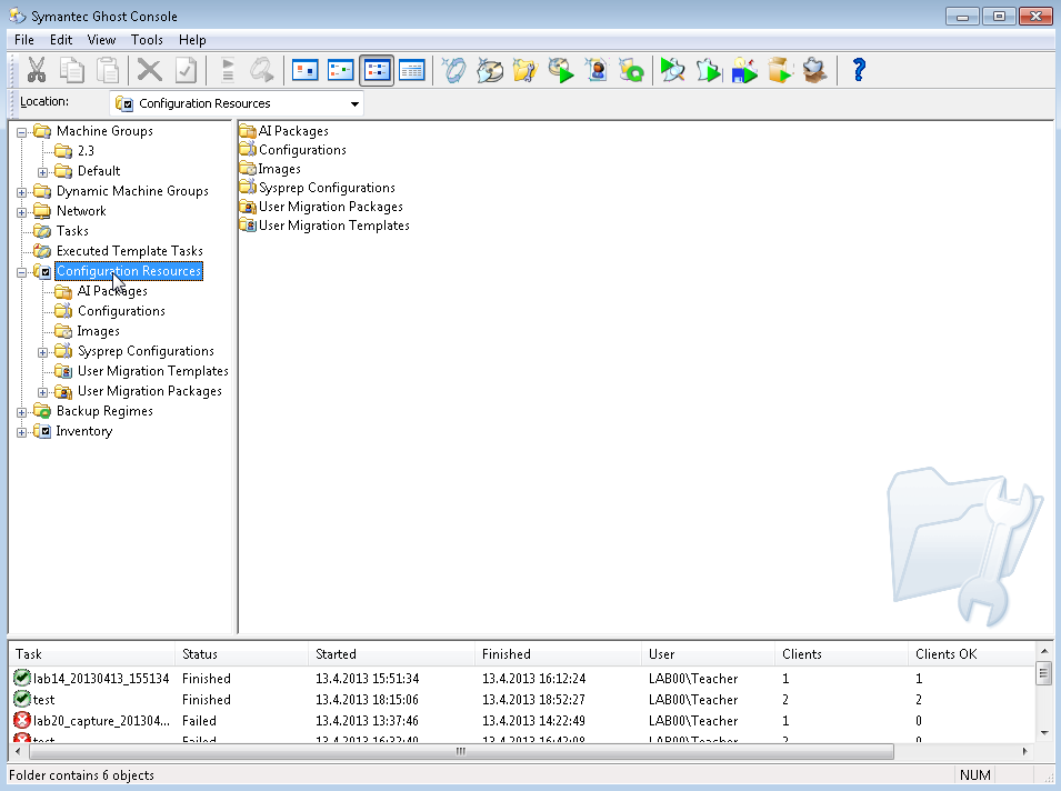 Obrázek 9: Symantec Ghost Console Zdroj: Vlastní screenshot aplikace 5.5.4 Použití produktu Pro použití programu pro síťový deployment je nejprve nutné spustit Ghost Client na pracovní stanici.