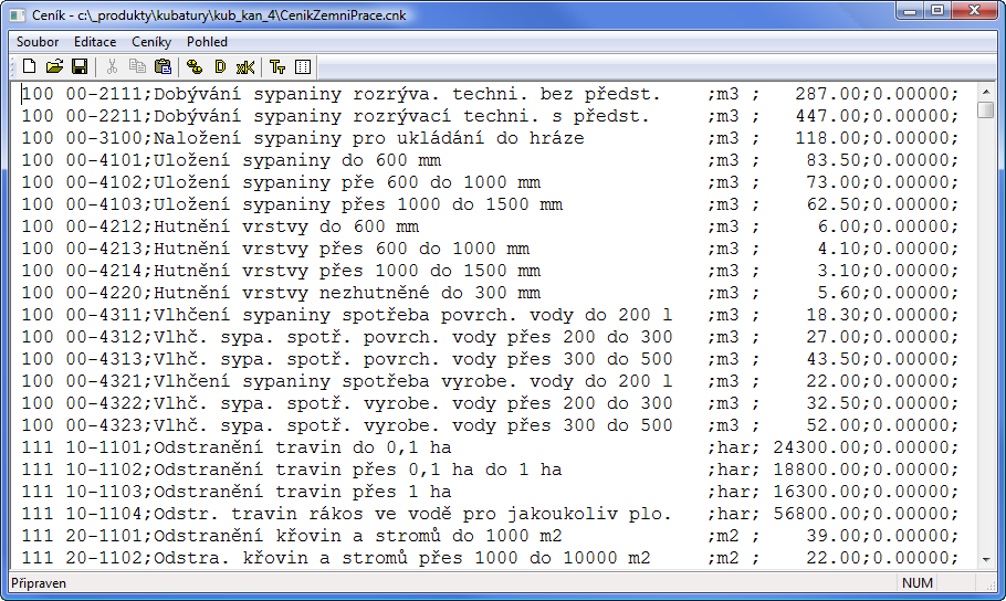Kapitola 14 Editace ceníků, tvorba uživatelských ceníků Rozpočtová část programu pracuje se sadou základních ceníků. Tuto sadu tvoří soubory CenikZemniPrace.cnk, CenikPresunHmot.