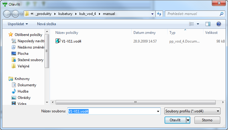 Kapitola 3 Načtení profilu Po stisknutí tlačítka se zobrazí běžné dialogové okno pro výběr souboru typu *.vod4.