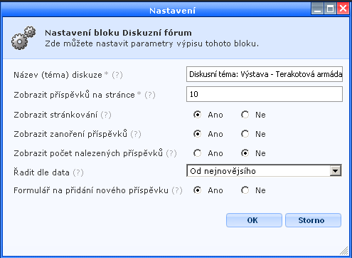 Kliknutím na odkaz Nastavení se vám otevře formulář pro změnu parametrů diskusního fóra: Zde můžete nastavit tyto položky: Název (téma) diskuse můžete změnit název diskusního fóra.