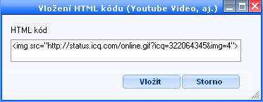 Poté kliknete v liště textového editoru na tlačítko Vložení HTML kódu formulář, do jehož pole vložíte ze schránky zkopírovaný html kód: a otevře se