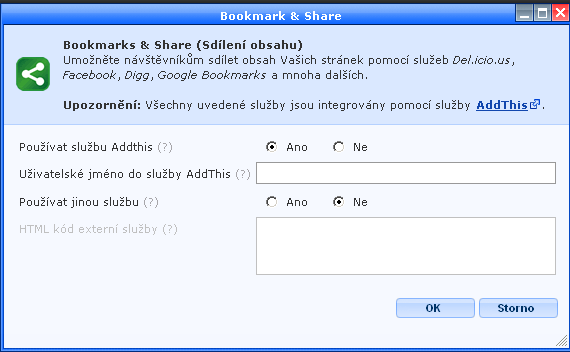 8.15 Vložení a změna tlačítek pro sociální záložkování Pro vkládání tlačítek sociálního záložkování do stránek je v systému Webnode přednastavena služba Addthis.