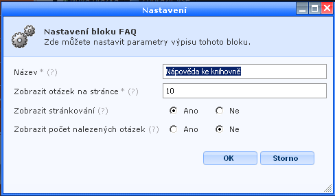 Po kliknutí na tlačítko Nastavení se vám otevře formulář s možnostmi nastavení parametrů bloku s Otázkami a odpověďmi: Název můžete zde změnit název Nápovědy.