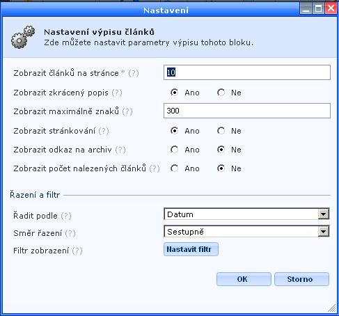 Po kliknutí na tlačítko Nastavení se vám otevře formulář s možnostmi nastavení jednotlivých parametrů bloku s příspěvky: Zobrazit článků na stránce nastavíte, kolik bude maximálně na jedné stránce