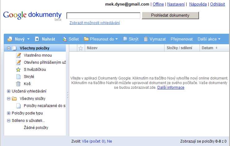 Pro práci v Google Dokumentech je třeba vlastnit e-mailovou schránku společnosti Google Gmail. Jak vytvořit tuto schránku naleznete v nápovědě stránek společnosti Google 1.