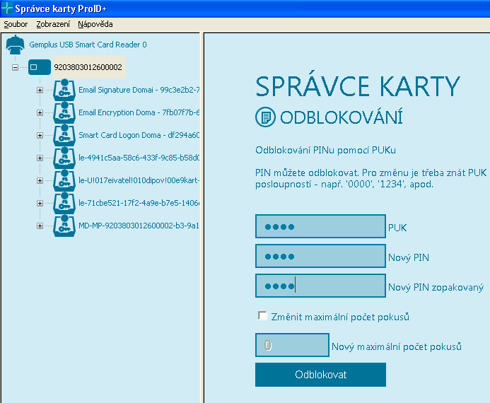 Nový PIN lze nastavit např. v aplikaci Správce karty. Nastavení nového PIN-u pomocí kódu PUK ve Správci karty Po načtení karty ve Správci karty (tlačítko Obnovit/F5)se v levém panelu označí karta.