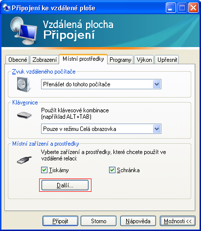 Následně se zvolí záložka Místní prostředky a stiskne se tlačítko Další.