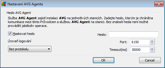 K dispozici jsou následující volby: Do pole Heslo můžete vyplnit heslo pro ochranu komunikace mezi průvodcem a službou AVG Agent na vzdálených stanicích.