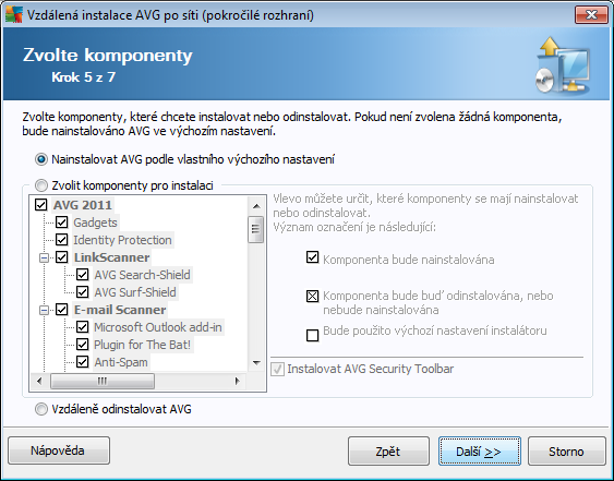 V tomto kroku máte možnost vybrat komponenty AVG, které chcete nainstalovat (vybrat lze také výchozí nastavení).