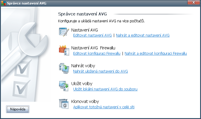 9. Správce nastavení AVG Poznámka: Tento nástroj není součástí Vzdálené správy AVG, ale naleznete jej v rámci instalace k lientsk é části AVG.