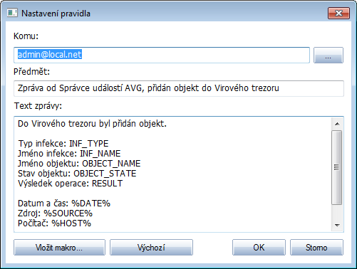 Kliknutím na tlačítko Vložit makro otevřete seznam předdefinovaných maker, které můžete vložit do těla zprávy.