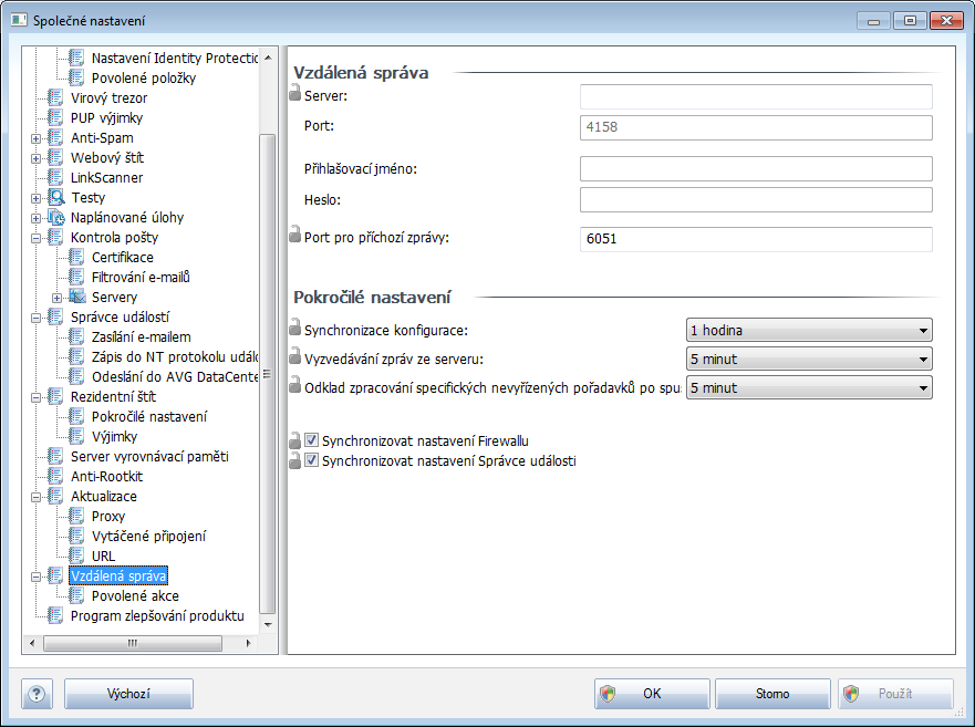 10.1.3. Vzdálená Správa Nastavení Vzdálená správa dostupné z AVG Admin Konzole obsahuje v porovnání s nastavením na stanici navíc některé položky.