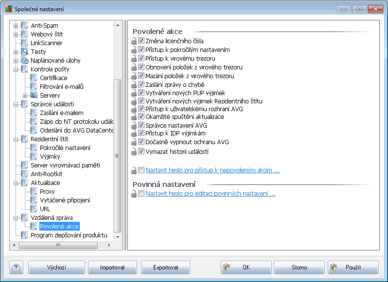 10.1.4. Povolené akce Povolené akce jsou položky, které lze uživateli na stanici povolit nebo zakázat používat. Nastavení lze měnit z AVG Admin Konzole.