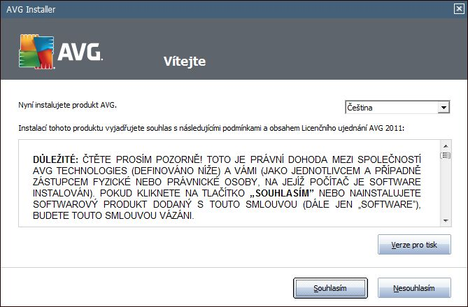 2.3. Vítejte Úvodní dialog se otevře v jazyce vašeho operačního systému, na který produkt instalujete. Jiný jazyk si zvolíte jednoduše z rolovací nabídky.