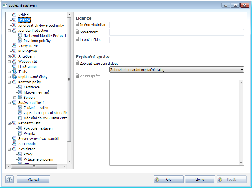 10.1.5. Licence Položka Licence je dostupná pouze z AVG Admin Konzole. Lze vyplnit tyto položky: Jméno vlastníka - vložte plné jméno vlastníka. Společnost - vložte název společnosti.