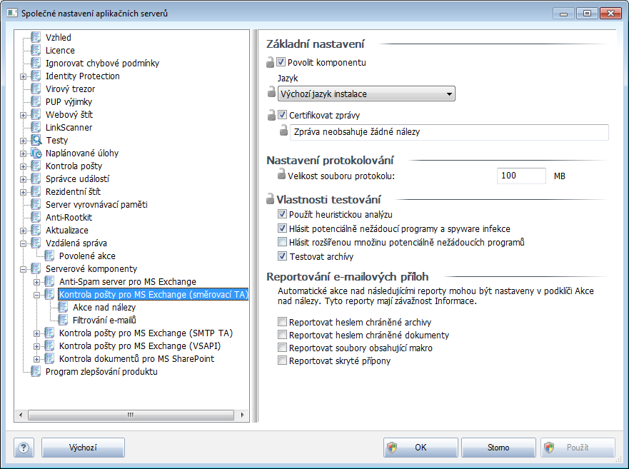 10.3.3. Kontrola pošty pro MS Exchange (směrovací TA) Tato položka obsahuje možnosti nastavení Kontroly pošty pro MS Exchange (směrovací transportní agent).