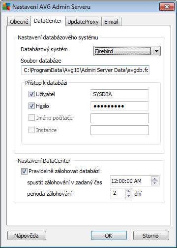 V této sekci doporučujeme pro zvýšení bezpečnosti vyplnit uživatelské jméno a heslo pro přístup k AVG DataCenter. Poznámka: Vybrané přihlašovací údaje se vztahují k připojení stanic do AVG DataCenter.