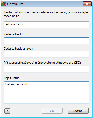 V tomto dialogu zadejte do nejhořejšího textového pole jméno nového účtu a do dalšího pak s ním spojené heslo. Toto heslo vepište ještě jednou do třetího textového pole.