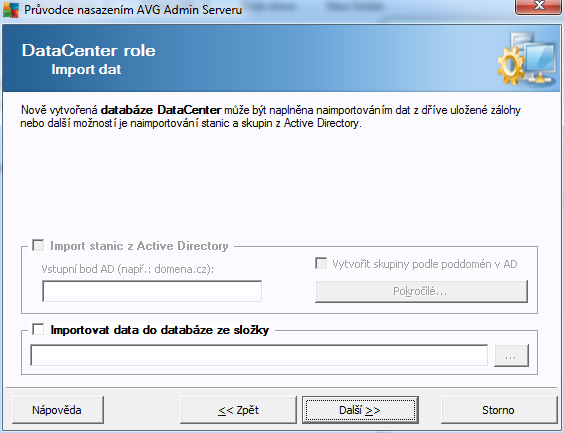3.8. DataCenter role - Import dat Jakmile potvrdíte výběr databáze, můžete naimportovat existující data do nově vytvořené databáze.