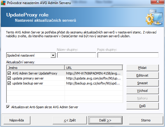 Do pole URL vložte kompletní adresu včetně prefixu http:// a čísla portu, pokud je jiný, než 80. K dispozici jsou dále následující tlačítka: Editovat - slouží pro změnu adresy vybraného serveru.