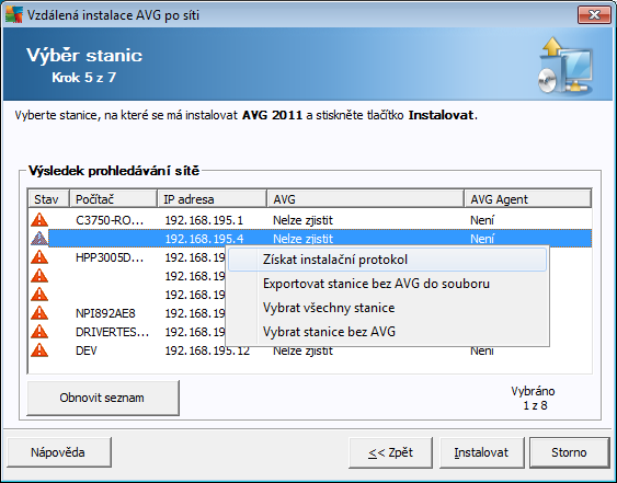 protok ol instalace nebude možné tímto způsobem získ at. Exportovat stanice bez AVG do souboru - vytvoří textový soubor obsahující seznam stanic, které nemají nainstalován AVG.