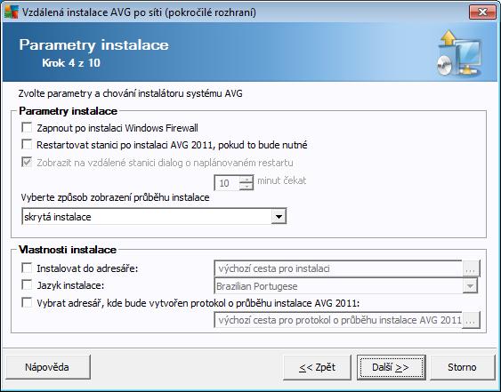 V dialogu Parametry instalace lze vybírat z následujících voleb: Zapnout po instalaci Windows Firewall - Pokud neinstalujete komponentu AVG Firewall, můžete zaškrtnout toto políčko pro automatické