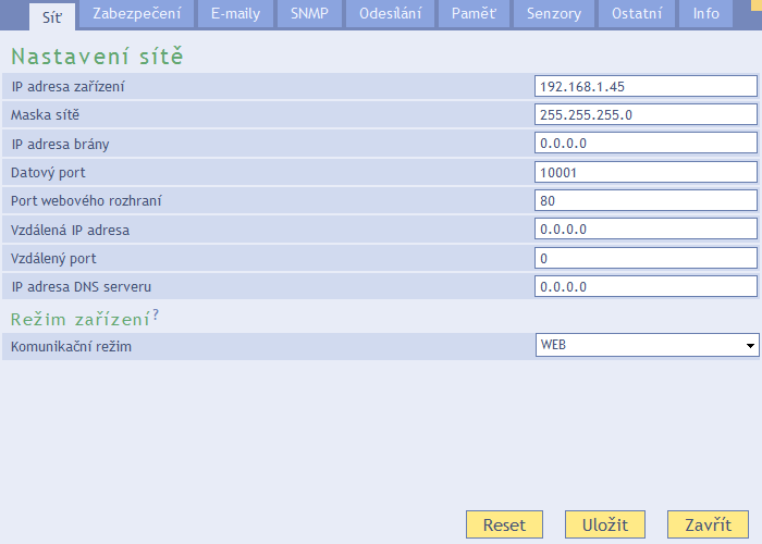 Síť Nastavení síťových parametrů senzoru a komunikace TCP datovým kanálem. IP adresa zařízení obr. 9 panel nastavení sítě IP adresa.