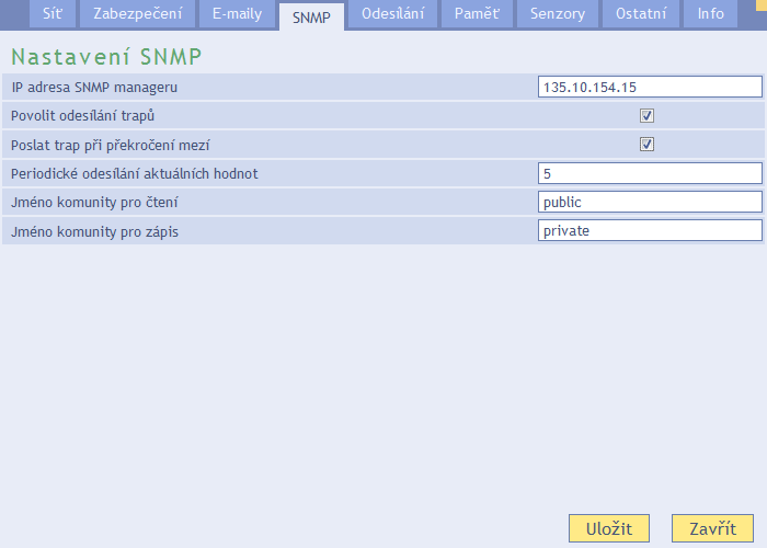 T e s t n a s t a v e n í Umožňuje odeslat testovací e-mail pro ověření správnosti nastavení. S N M P Zde se nastavují parametry pro komunikaci SNMP protokolem.