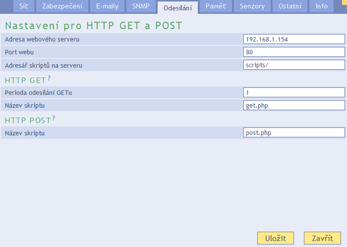 Jméno komunity pro zápis Název SNMP komunity pro zápis. O d e s í l á n í Parametry pro automatické odesílání hodnot na server HTTP protokolem.