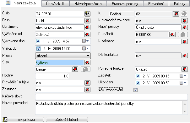 Obr. 8: Ukázka části dynamických dat vybrané úklidové zakázky 3.