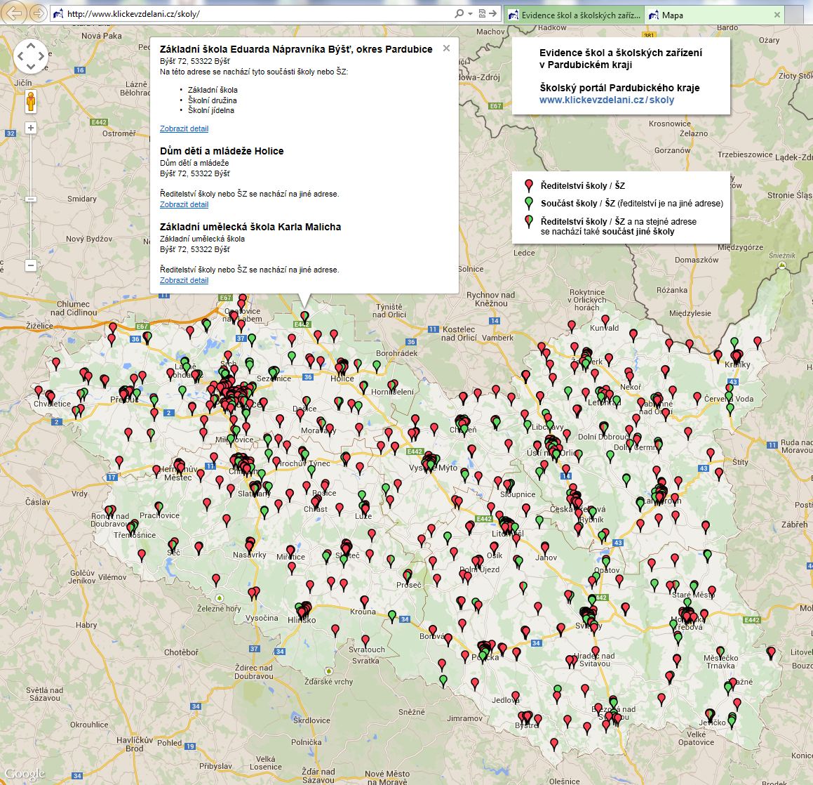 Zobrazí se mapa všech škol a školských zařízení v Pardubickém kraji. Zobrazit detail informací o škole nebo školském zařízení.