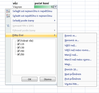 6.8. Filtrování čísel Pomocí automatického filtru je možné vytvářet tři typy filtrů podle hodnot seznamu, podle formátu a podle kritérií.