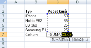 5.5. Základní funkce Suma Jednou z nejčastěji používaných funkcí je funkce Suma. Jde o součet hodnot, ale také nesouvislé oblasti.