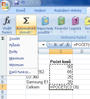 5.6. Průměr, Počet Mezi další hojně používané funkce patří aritmetický průměr (součet hodnot v buňkách podělený jejich počtem) a určení počtu hodnot (počet buněk v oblasti). 1.