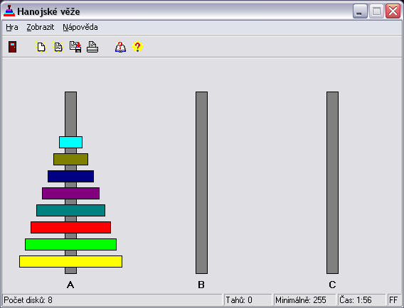 Ve hře, kterou Lucas nazval Hanojskou věží, máme přemístit pouze osm kroužků.