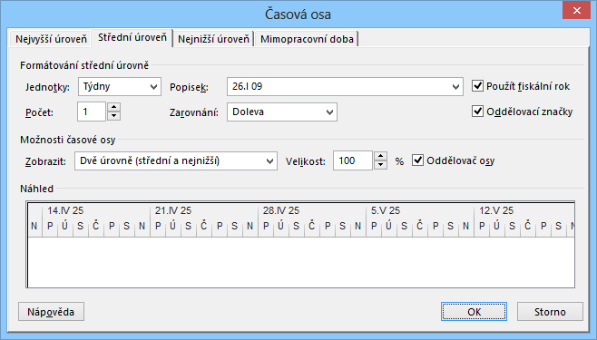 8 Zobrazení 161 Nastavení časové osy Pokud bychom vložili do tabulky úkolů doprostřed nový úkol, kresby se díky připojení k úkolu posunou s úkolem 13.