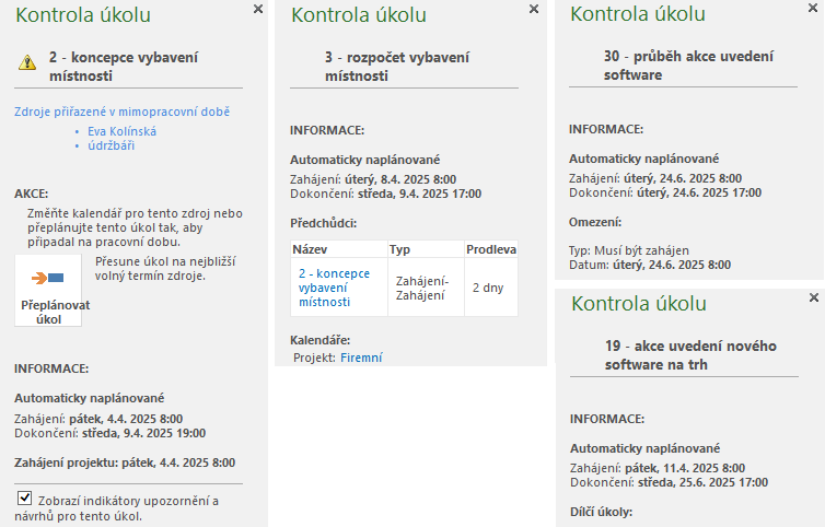 4 Úkoly 83 V kartě ÚKOL ve skupině ÚKOLY klikneme do tlačítka Zkontrolovat a vybereme volbu Zkontrolovat úkol. V obr. 4-13 jsou zobrazeny faktory pro uvedené úkoly projektu Start.