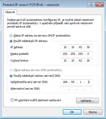 Použití statické IP adresy: 1. Konfiguraci statické IP adresy začněte provedením kroku 1-4 pro Použití dynamické IP adresy. 2. Vyberte druhou možnost Použít následující IP adresu. 3.