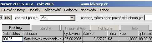 Jak pracovat s programem Hlavní okno programu může zobrazovat obsah jedné z pěti záložek, pomocí kterých se lze přepínat mezi evidencí faktur vydaných, zálohami, přijatými fakturami (volitelný