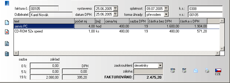 Datum splatnosti je automaticky vypočten podle nastavených parametrů programu. Standardně je to datum vystavení plus osm dní.