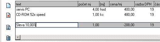 Pro vložení této slevy klikněte pravým tlačítkem myši na název odběratele v seznamu faktur. Z rozbalovacího menu "Práce s fakturou", které se otevře, vyberte "vložit slevu".