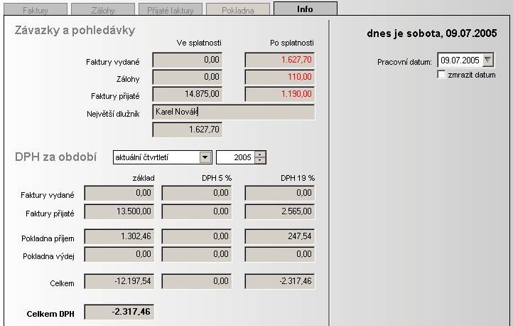 Je možno si zde nastavit tzv. "pracovní datum". Tento datum pak program používá místo aktuálního data. Hodí se to zejména, pokud potřebujete zpracovat zpětně větší množství dokladů.