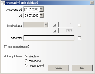 možné tedy kdykoliv později nákladní list znovu vytisknout. Hromadný tisk dokladů Platí pro faktury, zálohy a pokladní doklady.