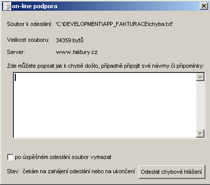 Odeslání protokolu práce programu Pokud máte nějaké požadavky nebo připomínky k práci programu, můžete odeslat protokol práce programu spolu s vašimi podněty.