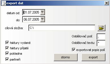 Zde zadáte do polí "datum od:" a "do:" období z kterého chcete faktury exportovat. Do pole "Cílová složka:" zadejte kam se má výsledný soubor uložit.